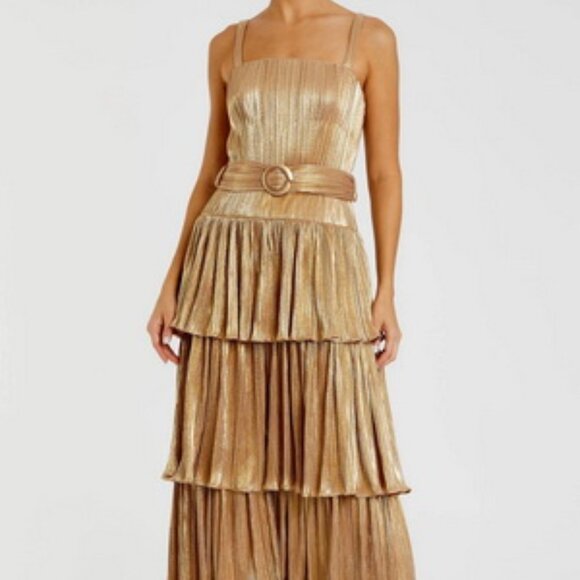 Mac Duggal Gold Sleeveless Ruffle Tiered Metallic Buckle Midi Dress